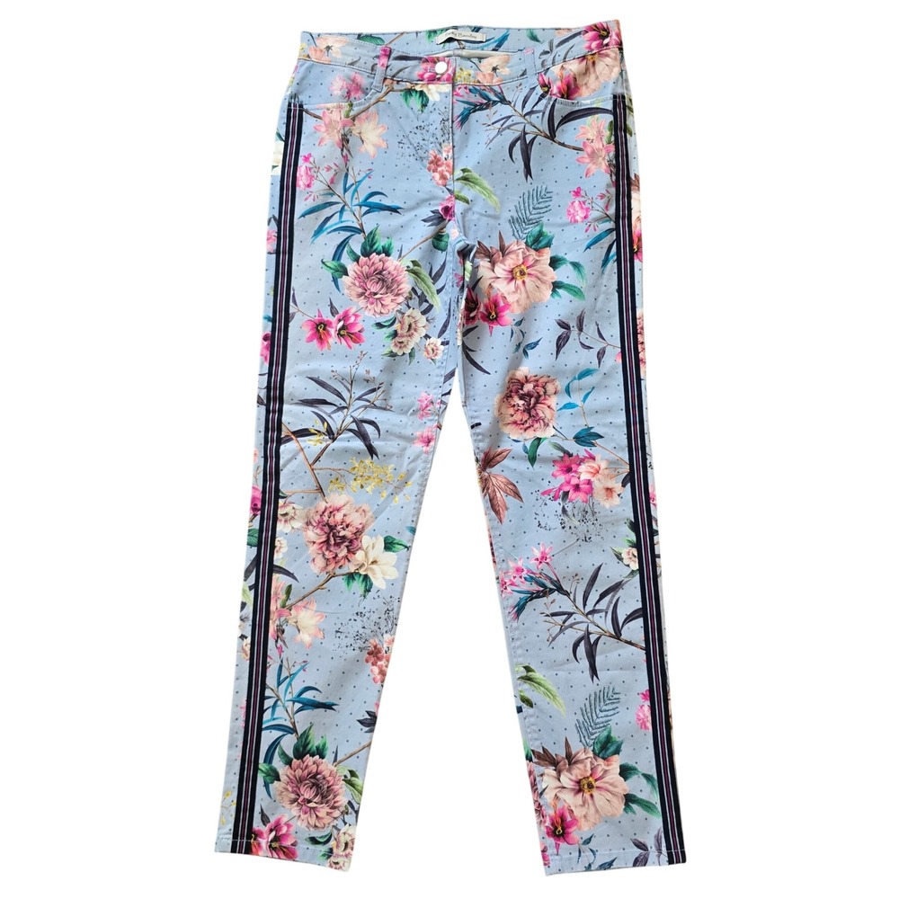 Betty Barclay Pants Women Size 10 Floral Polka Dot Side Stripe Blue Pink